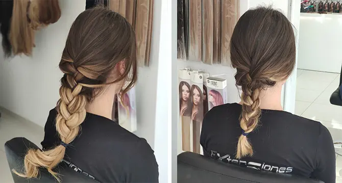trenzado-con-y-sin-extensiones-de-clip Trenza con extensiones de clip y sin ellas.